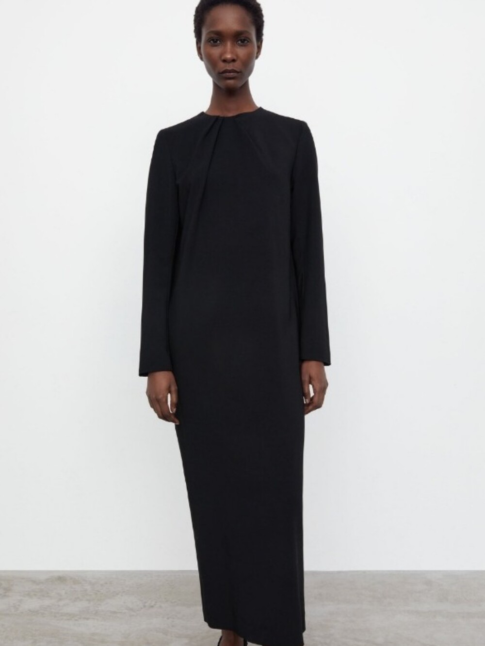 NEW! Toteme Viscose Blend Gathered Neck Long-Sleeve Black Midi Dress Size M